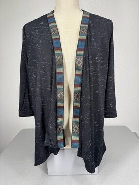 BKE Black Cardigan w White Speckles with Multicolor Aztec Trim Medium